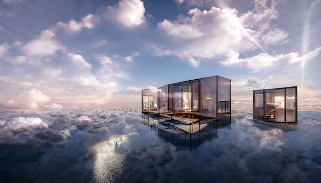 Architettura del cloud Nuvole di paesaggio futuristico astratto al tramonto riflesso nell'acqua Illustrazione 3D di edifici in vetro moderno