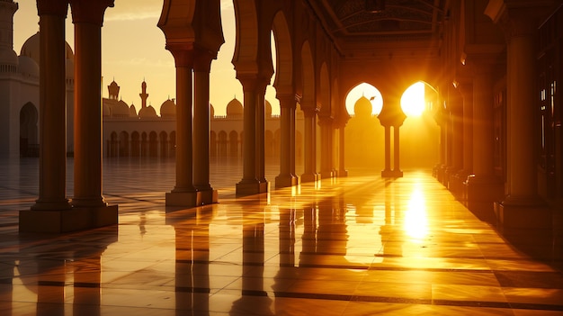Architettura della moschea islamica sullo sfondo di un tramonto concetto di sfondo del Ramadan