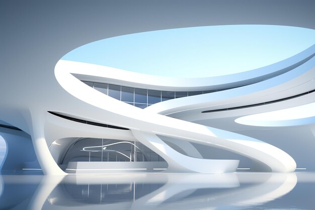 Architettura futuristica bianca luminosa grande sala aria galleria corridoio fantastico terminal dell'aeroporto rotondo minimalista forma libera design organico curve lisce di linee edificio concettuale