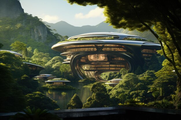 Architettura futuristica in mezzo a una foresta lussureggiante IA generativa