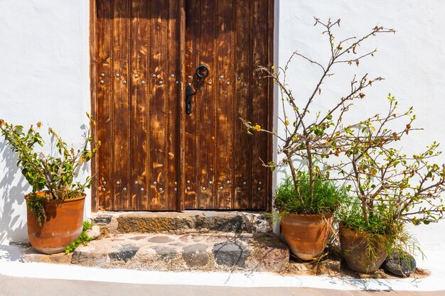 Architettura greca tradizionale nell'isola di Santorini Grecia Facciata bianca della casa e porta di legno con fiori