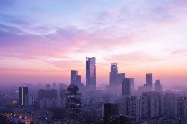 architettura innovativa bellissimo paesaggio urbano della città moderna all'alba con cielo espressivo e nebbia mattutina