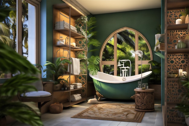 Architettura interna del bagno di lusso con tema verde tropicale
