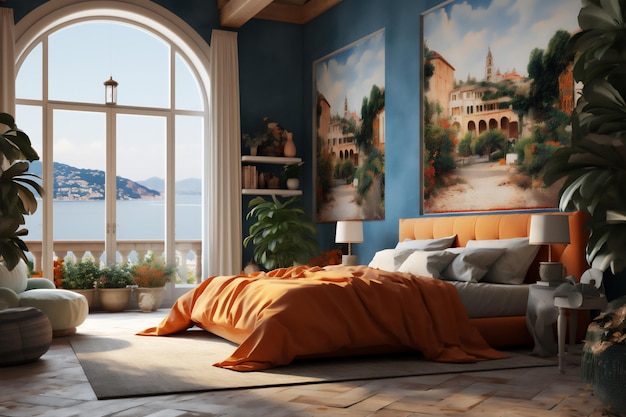 Architettura interna della camera da letto di lusso con tema autunnale creata utilizzando strumenti di intelligenza artificiale generativa