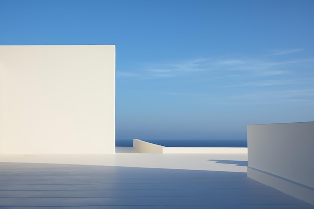 Architettura moderna blu e bianca con vista sull'oceano