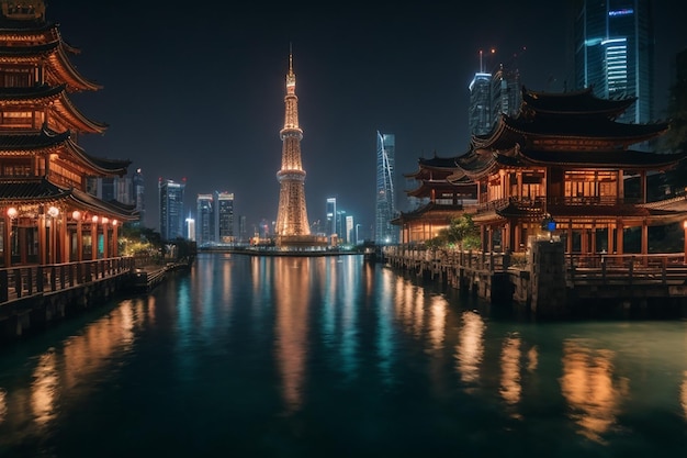 Architettura notturna panoramica orientale della torre d'acqua
