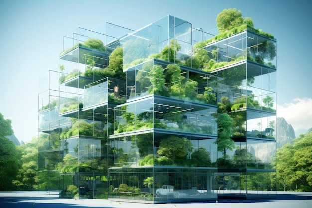Architettura reattiva al clima edificio in vetro rivestito di alberi verdi