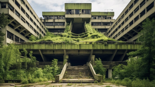 Architettura verde che sfida la gravità Un monumentale edificio brutalista sovietico coperto di piante