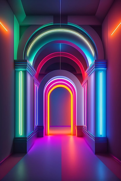 Arco astratto di luci al neon Corridoio luminoso colorato Tunnel dal design intricato