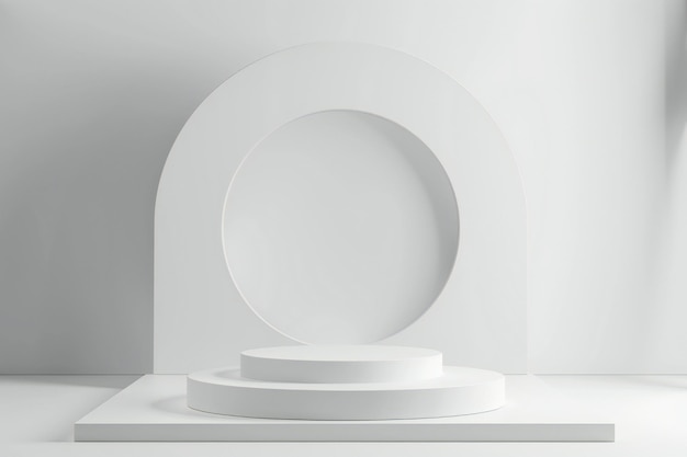Arco bianco minimalista e podio con forme geometriche Rendering 3D moderno per la visualizzazione dei prodotti