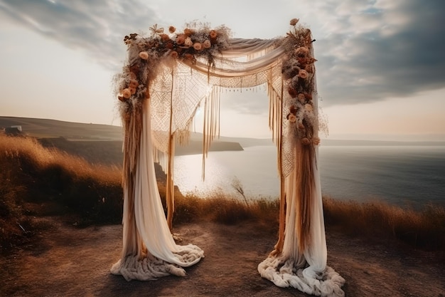 Arco da matrimonio Boho decorato con garza di garza Una splendida sovrapposizione in studio con vista frontale