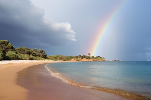 Arco dell'arcobaleno sopra l'oceano e la spiaggia con una riva sabbiosa generativa ai