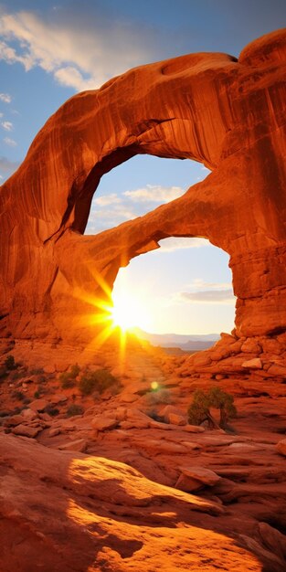Arco di Araffe nel deserto con il sole che tramonta dietro di esso generativo ai