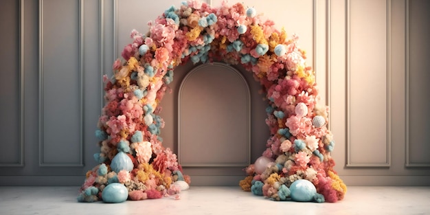 Arco di fiori con fiori colorati sul pavimento