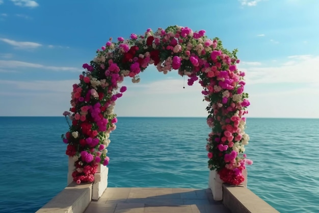 Arco di fiori sull'installazione di nozze in riva al mare