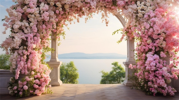 Arco di nozze con fiori bianchi e rosa nel parco