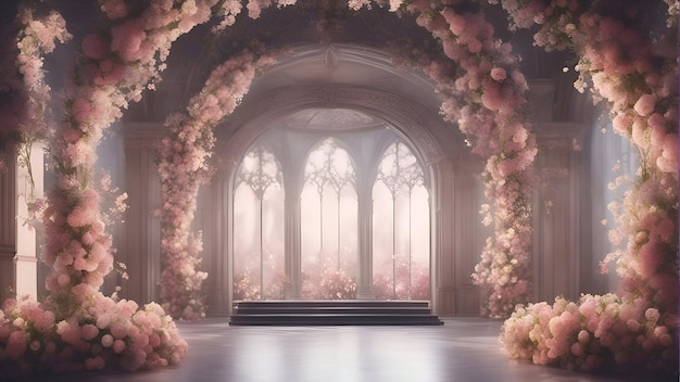 Arco di nozze con fiori rosa rendering 3D