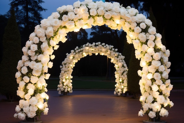Arco di nozze con fiori sul buio