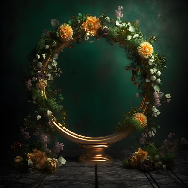 Arco di nozze Golden Circle con sovrapposizione di fiori verdi Splendido sfondo da studio per il tuo giorno speciale