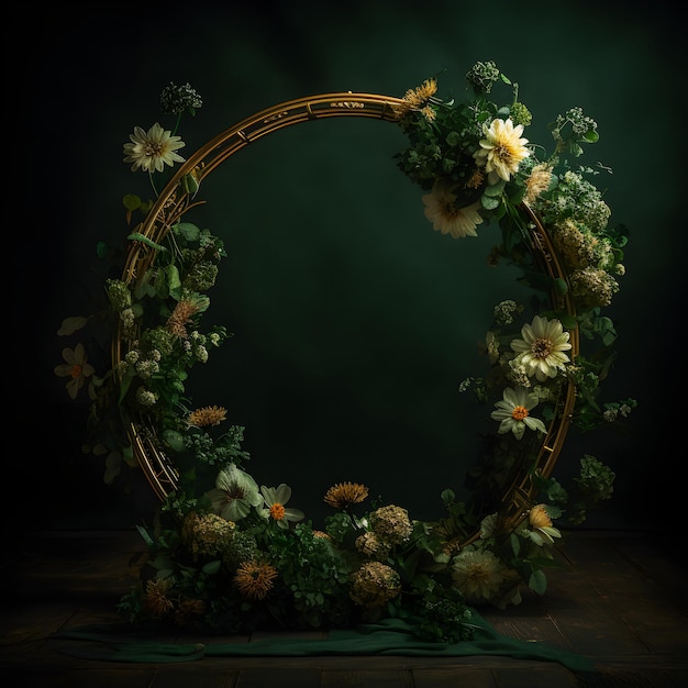 Arco di nozze Golden Circle con sovrapposizione di fiori verdi Splendido sfondo da studio per il tuo giorno speciale