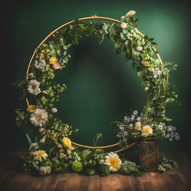 Arco di nozze Golden Circle con sovrapposizione di fiori verdi Splendido sfondo da studio per il tuo giorno speciale