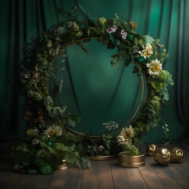 Arco di nozze Golden Circle con sovrapposizione di fiori verdi Splendido sfondo da studio per il tuo giorno speciale
