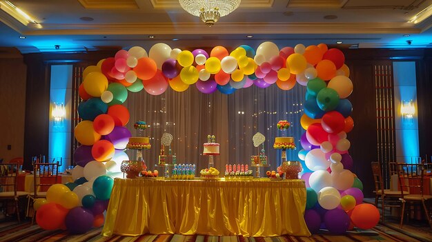 Arco di palloncini colorati con un arcobaleno di colori Lo sfondo perfetto per un'occasione festiva