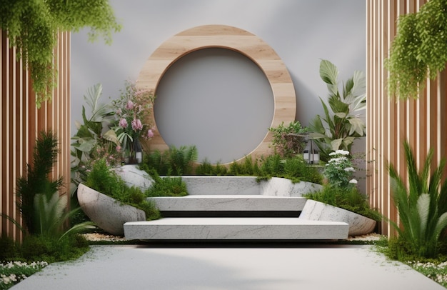 Arco di pietra nel giardino Progettazione del podio per la presentazione del prodotto AI Generato