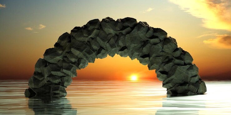Foto arco di rocce sullo sfondo del mare al tramonto 3d'illustrazione