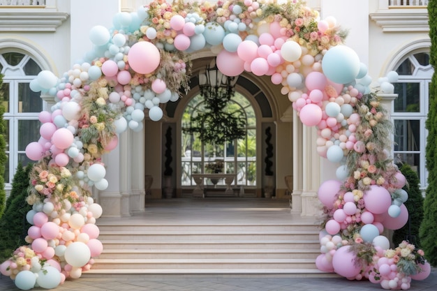 Arco fatto di palloncini gonfiabili colorati Zona fotografica con palline Illustrazione generata dall'intelligenza artificiale