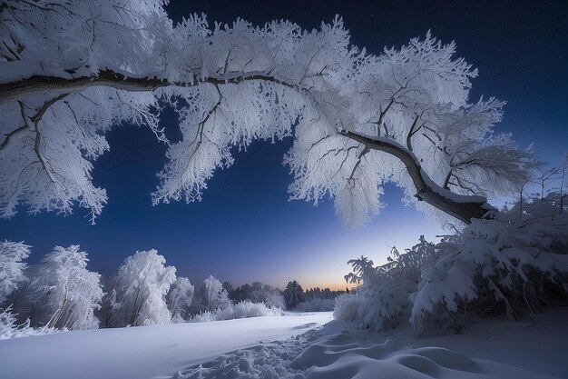 Arco ghiacciato Neve sui rami Un albero contro un cielo notturno