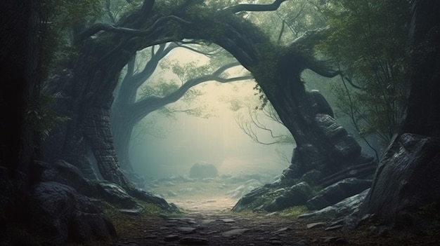 Arco in un incantato paesaggio forestale fatato nebbioso umore oscuro AI Generativo