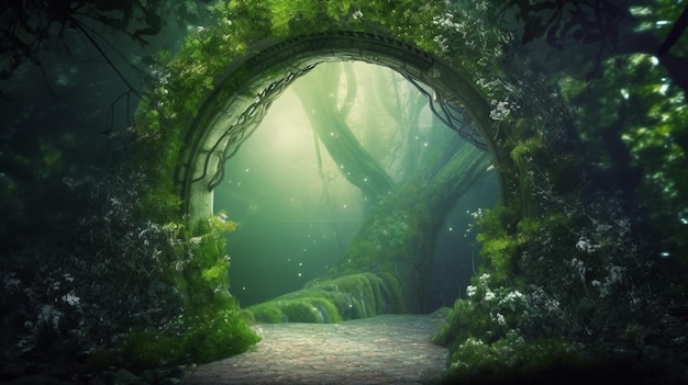 Arco incandescente nel magico paesaggio forestale Spettacolare scena fantasy con un arco portale coperto