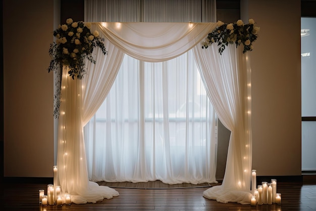 Arco nuziale con drappeggio e luci per un matrimonio moderno e semplice