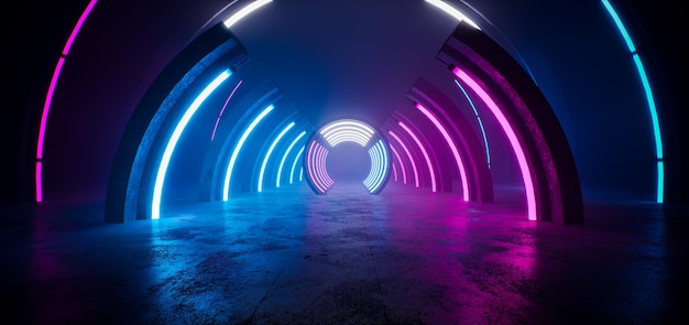 Arco rotondo a tunnel scuro con illuminazione di luce blu e viola Cerchio lungo corridoio scuro raggi di luce al neon Vista notturna di astrazione Rendering 3D