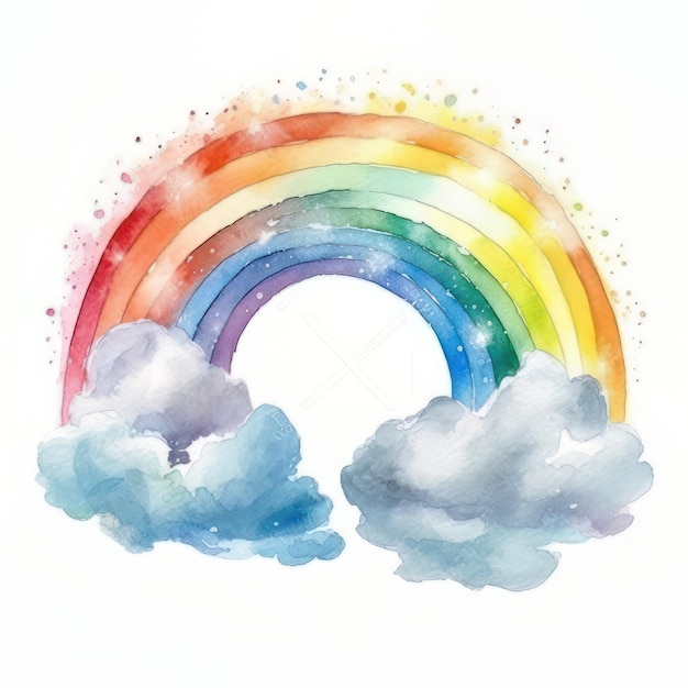 Arcobaleno acquerello con nuvole Illustrazione disegnata a mano per il tuo design