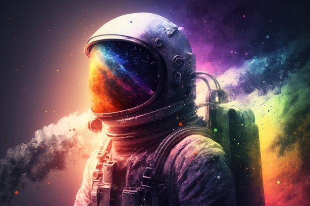 Arcobaleno colorato Astronauta che si trova in tuta spaziale Bella immagine illustrativa IA generativa