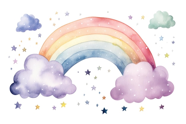 arcobaleno colorato dell'acquerello con nuvole e stelle su sfondo bianco