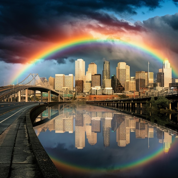 Arcobaleno colorato sopra una città e un fiume