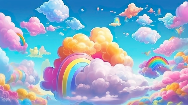 Arcobaleno del cielo fantasy Cieli fatati arcobaleni colori paesaggio magico e illustrazione dello sfondo del cielo da sogno AI generativo