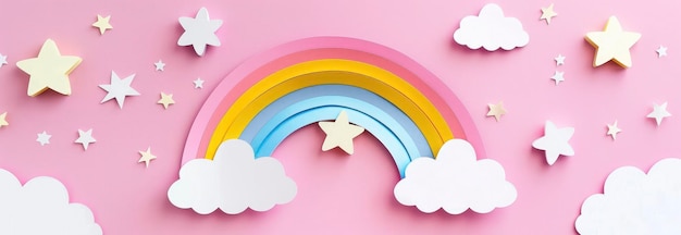 Arcobaleno di carta con nuvole e stelle isolate su uno sfondo rosa