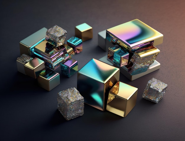 Arcobaleno lucido colorato La gemma di bismuto cubi sfondo scuro creato con la tecnologia generativa AI