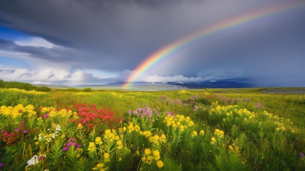 Arcobaleno su un campo di fiori con un arcobaleno sullo sfondo