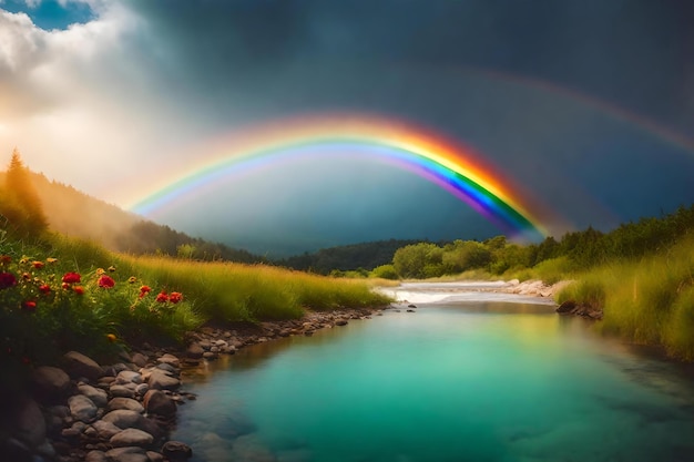 Arcobaleno su un fiume con un arcobaleno sullo sfondo