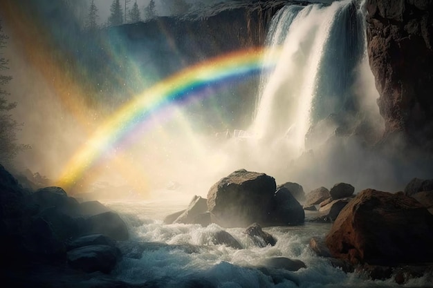 Arcobaleno su una cascata con la luce del sole che splende attraverso la nebbia