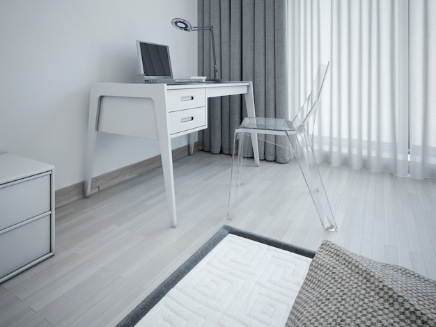 Area di lavoro in camera da letto minimalista e posto di lavoro elegante nella camera da letto vicino alla finestra e sedia di design trasparente e un tavolo di colore grigio.