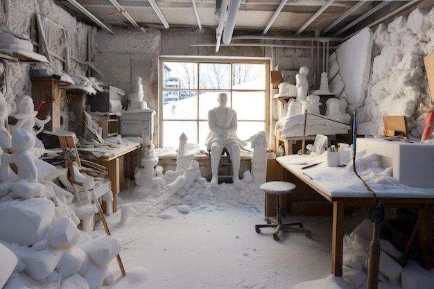 Area di lavoro innevata con scultura incompiuta creata con ai generativo