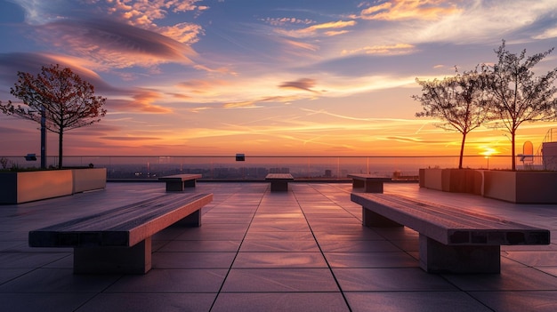 Area di studio sul tetto dell'università Scena tranquilla al tramonto con panchine