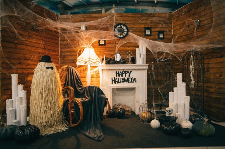 Area fotografica per Halloween con camino una sedia e oggetti con simboli di Halloween