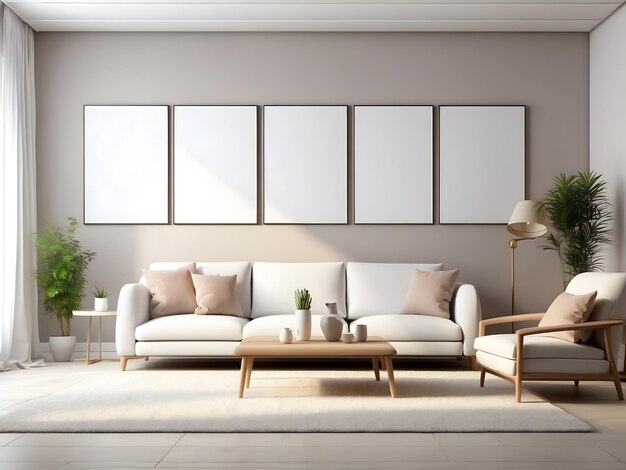 Area luminosa del soggiorno con 4 modelli di tela in bianco AI generativa